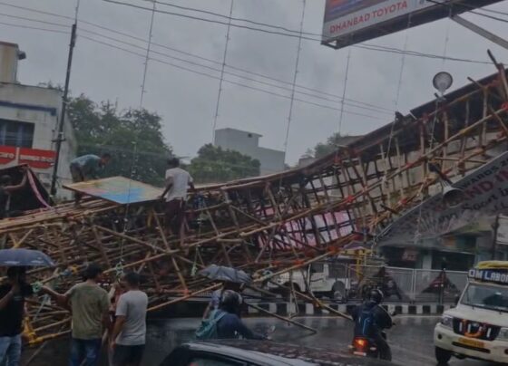 धनबाद: 110 फीट ऊंचा पूजा पंडाल तेज हवाओं और बारिश में गिरा, लाइट गेट व तोरण द्वार भी ढहे |